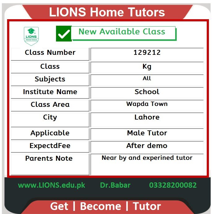 Home Tutor for Class Kg in Wapda Town Lahore