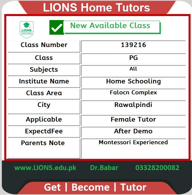Home Tutor for Class PG in Falocn Complex Rawalpindi