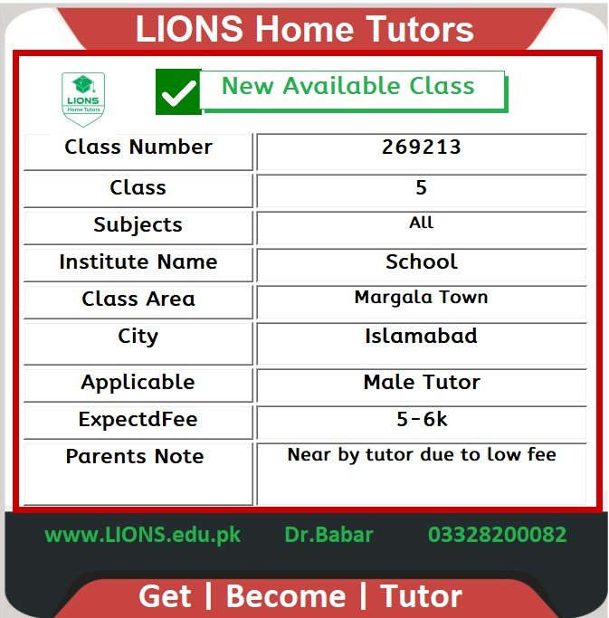 Home Tutor in Margala Town Islamabad
