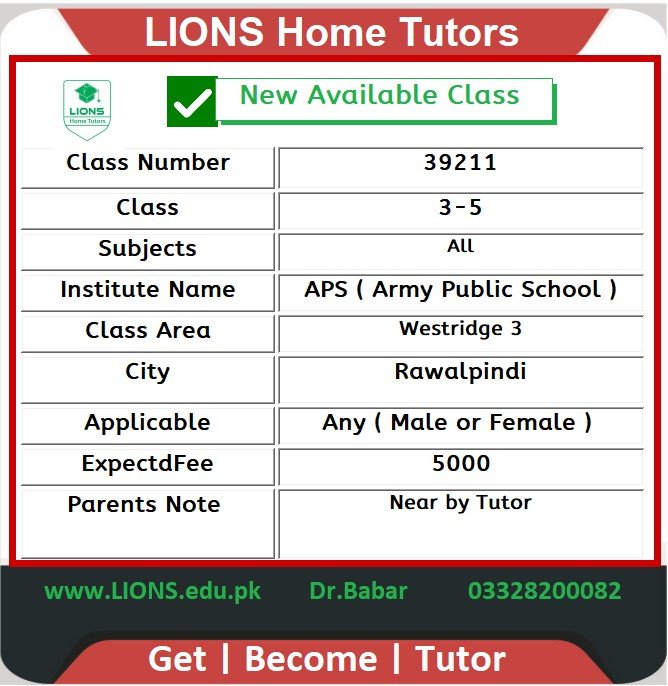 Home Tutor for Class 3-5 in Westridge 3 Rawalpindi